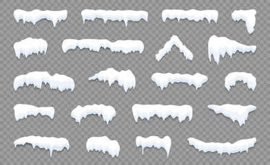 Snow caps set. White snow caps, snowball, snowdrifts, snow pile and icicles. Snowy elements on winter background. Winter elements decorations. Christmas elements. Vector illustration. - obrazy, fototapety, plakaty