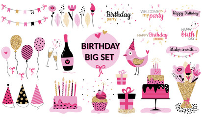 Bright birthday decorations big set. Collection of holiday decorations in simple flat cartoon style. Vector illustration.