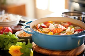 fresh seafood beside a ready-to-cook pot of gumbo