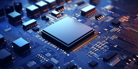 Hight semiconductor technology chip on integrated circuit board, line in light, metallic luster, technology, Abstract technology background, Microchip Cpu Rows On A Silicone Wafer A Closeup Rendering 