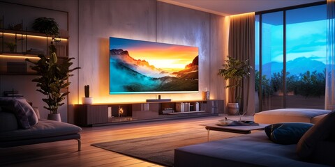 A modern living room at dusk, with warm lighting and a large TV displaying a mountain landscape scene. - obrazy, fototapety, plakaty