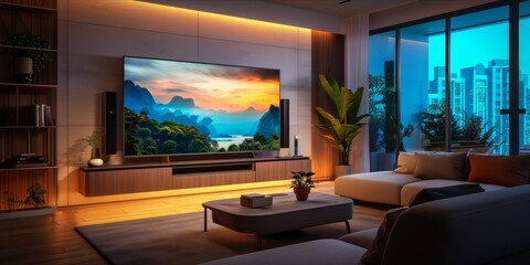 A modern living room at dusk, with warm lighting and a large TV displaying a mountain landscape scene.