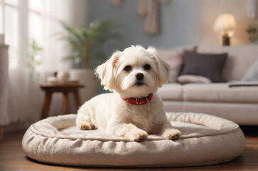White maltese dog in cozy room - obrazy, fototapety, plakaty