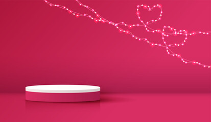 Happy valentines day and stage podium decorated with heart shape. pedestal scene with for product, cosmetic, advertising, show, award ceremony, on pink background and light. vector design.