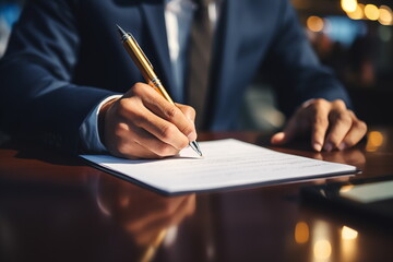 Man signing an official document. Close up businessman with pen in hands, ready signing paper,  executive manager, Generated AI