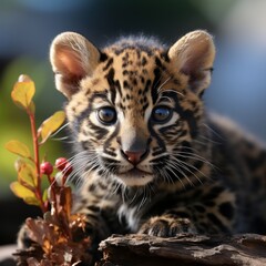 Photo of a baby jaguar cub with rosette markings. Generative AI