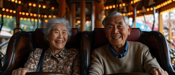 Asian grandparents on vacation enjoying their retirement roller coaster amusement park thrill.Generative AI