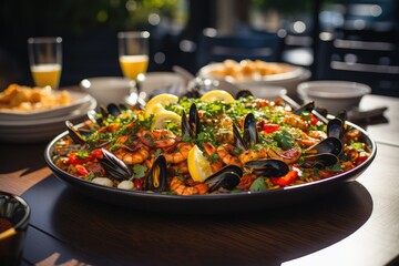 A traditional Spanish dish. Seafood paella with rice, mussels, shrimp. Menu, the recipe.