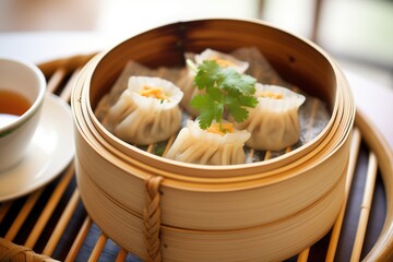 close-up of steamed dumplings in bamboo steamer