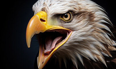 Majestic bald eagle portrait with open beak against a dark background, showcasing the fierce beauty and strength of this iconic bird of prey - obrazy, fototapety, plakaty