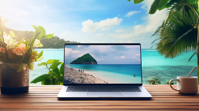 Laptop computer with coffee cup on wooden table on tropical beach background	