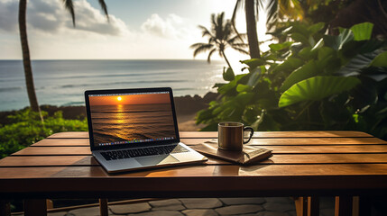 Fototapeta premium Laptop computer with coffee cup on wooden table on tropical beach background 