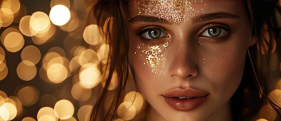 closeup Beautiful female model with glitter on her face in a party atmosphere with elegant makeup.Generative AI