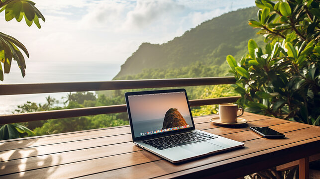 Laptop computer with coffee cup on wooden table on tropical beach background	