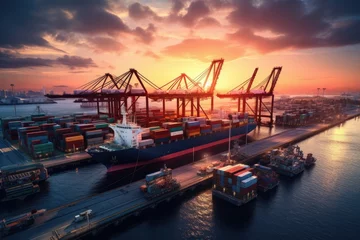 Fotobehang Seaport at sunset. Port cranes unload containers from the ship. Trade and transport of goods. Ships and harbour cranes. Import and export, economy. © Andrii Yalanskyi