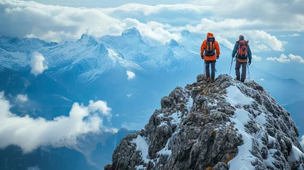 Poster elderly couple reaching the top of a mountain.Generative AI © ZzGooggiigz