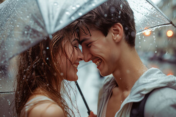 Young couple in love under an umbrella during the rain. AI generative