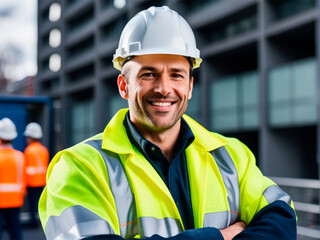 Fototapeta premium Portrait of a smiling male construction worker standing with arms crossed outdoors