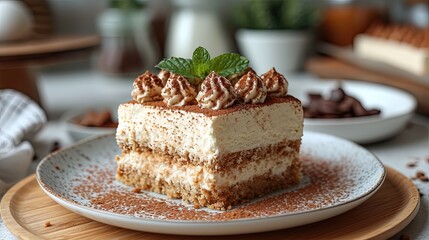 Tiramisu cake decorated with cocoa powder and fresh green mint leaf on white ceramic plate.Generative AI