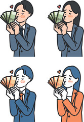 illustrations of men and women kissing money