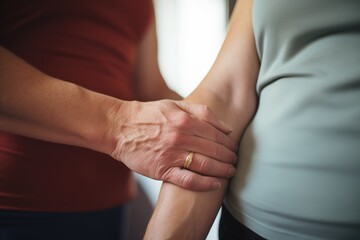closeup of a trainers hand adjusting a clients posture