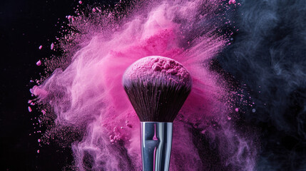 Make up brush with pink and purple powder explosion - obrazy, fototapety, plakaty
