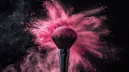 Make up brush with pink and purple powder explosion