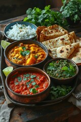 Indian dish with chicken curry, rice, naan bread and snacks. Indian cuisine.