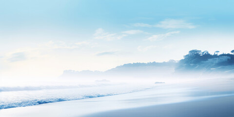 Obraz premium Serene ocean coastline with white mist. Tranquil landscape. Generative AI