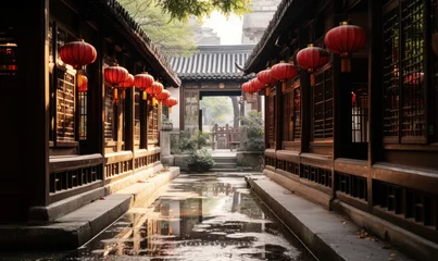 Acrylic prints Old building Traditional Chinese courtyard architecture with red lanterns hanging in a serene alleyway, embodying ancient cultural heritage and tranquility
