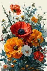 Vintage illustration of a spring bouquet with poppies. Flower postcard. Birthday.