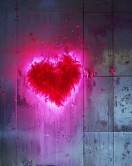 Vivid neon heart dripping on a grunge metal background symbolizing raw emotion, perfect for Valentine's Day concepts