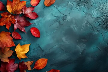 Bright autumn leaves scattered on a textured, dark teal background with a subtle frosty overlay.