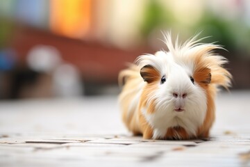 guinea pig in focus, squeaking, with blurred background