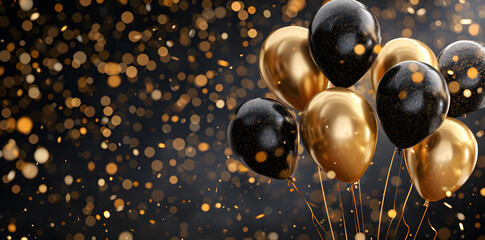 Black and golden balloons with gold sparkles high detailed black background with copy space for text