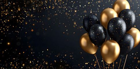 Fototapeta premium Black and golden balloons with gold sparkles high detailed black background with copy space for text