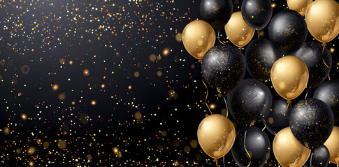 Black and golden balloons with gold sparkles high detailed black background with copy space for text