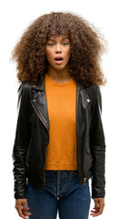 African american woman wearing a leather jacket scared in shock with a surprise face, afraid and excited with fear expression