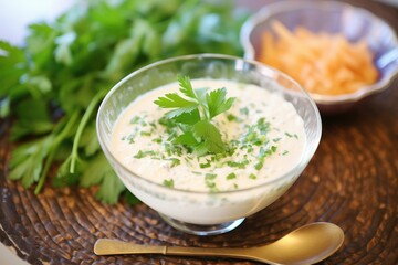 taramasalata in a glass serving bowl with parsley garnish