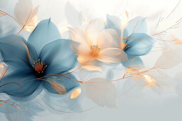 An artistic illustration of abstract flowers with translucent petals in blue and gold tones.