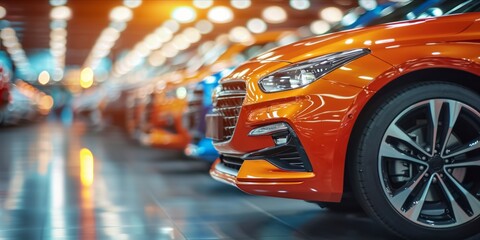 Row of new cars at a dealership, with a focus on a vibrant orange car in the foreground.