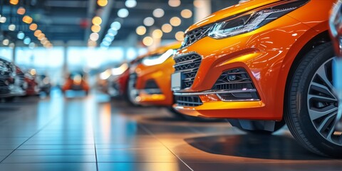 Fototapeta premium Row of new cars at a dealership, with a focus on a vibrant orange car in the foreground.