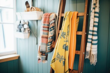 a collection of vintage scarves displayed on a wooden ladder