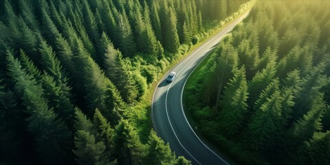 Aerial view of a car driving through a forested mountain road.