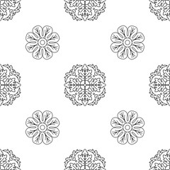 Seamless pattern with hand drawn linear classic floral rosettes on a white background