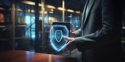 Fotobehang Business hands experience cloud connectivity virtual screen interface online storage and retrieval,  A person is holding a shield with the word security on it, Data or network protection business  © Aoun