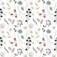 Foto op Canvas Seamless pattern with colorful wildflowers silhouettes on white background. Vintage ditsy floral repeat pattern © akini