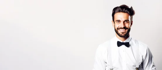 Foto op Plexiglas Close-up of a professional smiling male waiter in uniform, white background isolate. © Serhii