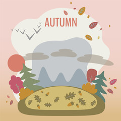 Cute landscape in simple cartoon style. Vector illustration of autumn for children's books, cards, stickers.