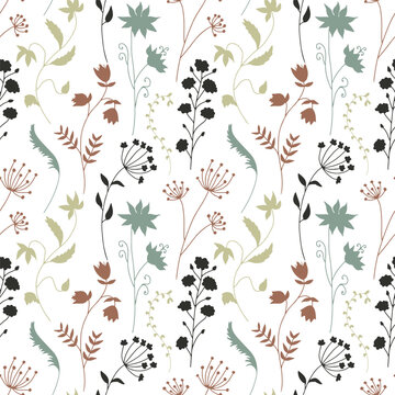 Seamless pattern with colorful wildflowers silhouettes on white background. Vintage ditsy floral repeat pattern